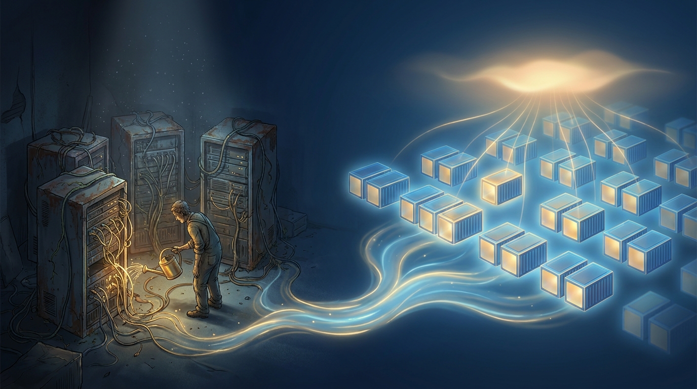 Links vier servers die met de hand verzorgd worden als huisdieren, rechts een geautomatiseerd platform met identieke, zelfherstellende containers