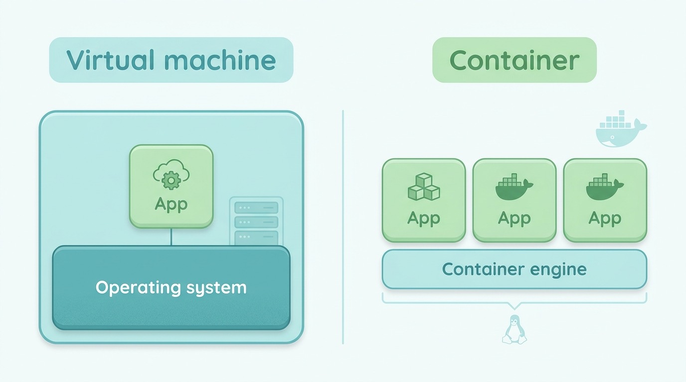 Een virtuele machine sleept een heel besturingssysteem mee; een container is dun en deelt het systeem eronder