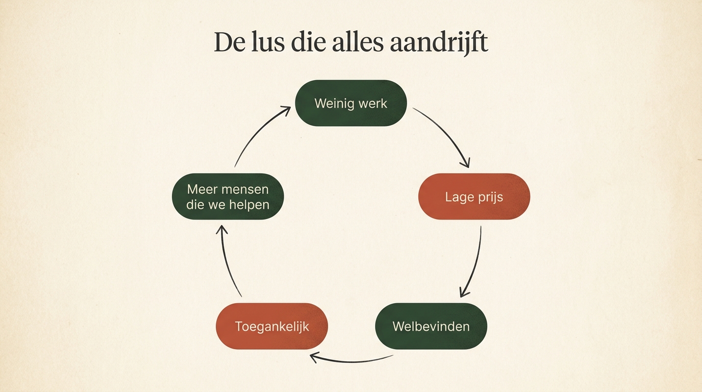 Een cirkeldiagram met vijf knopen die elkaar aandrijven: weinig werk, lage prijs, welbevinden, toegankelijk, meer mensen die we helpen